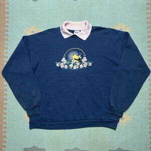 Vintage 90s pullover sweatshirt bird flowers cute animal artisans collared XXL